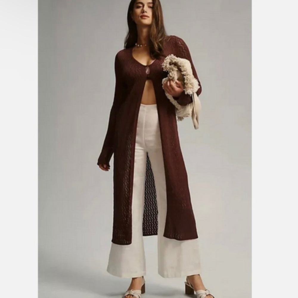 Anthropologie Pilcro Chocolate Brown Pointelle Knit Linen Blend Duster Cardigan